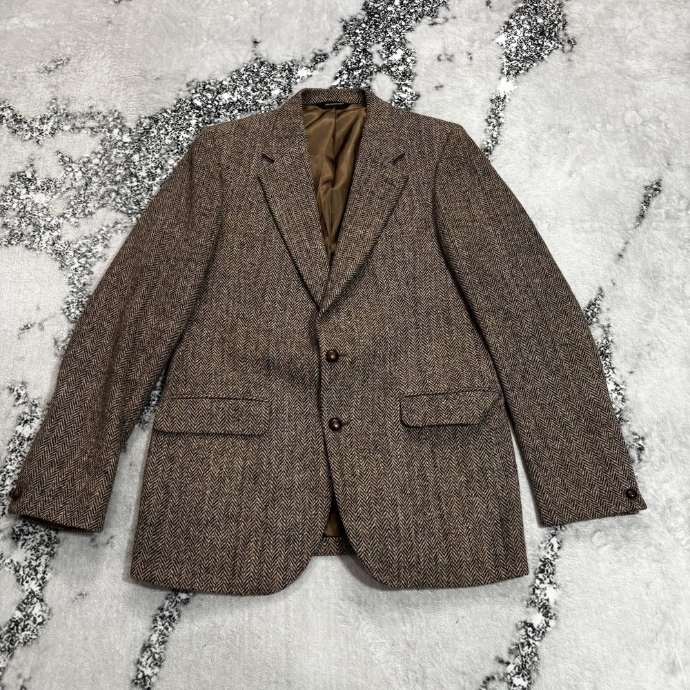 Harris Tweed Mens Brown Herringbone Blazer Sport Coat 100% Scottish Wool Vintage